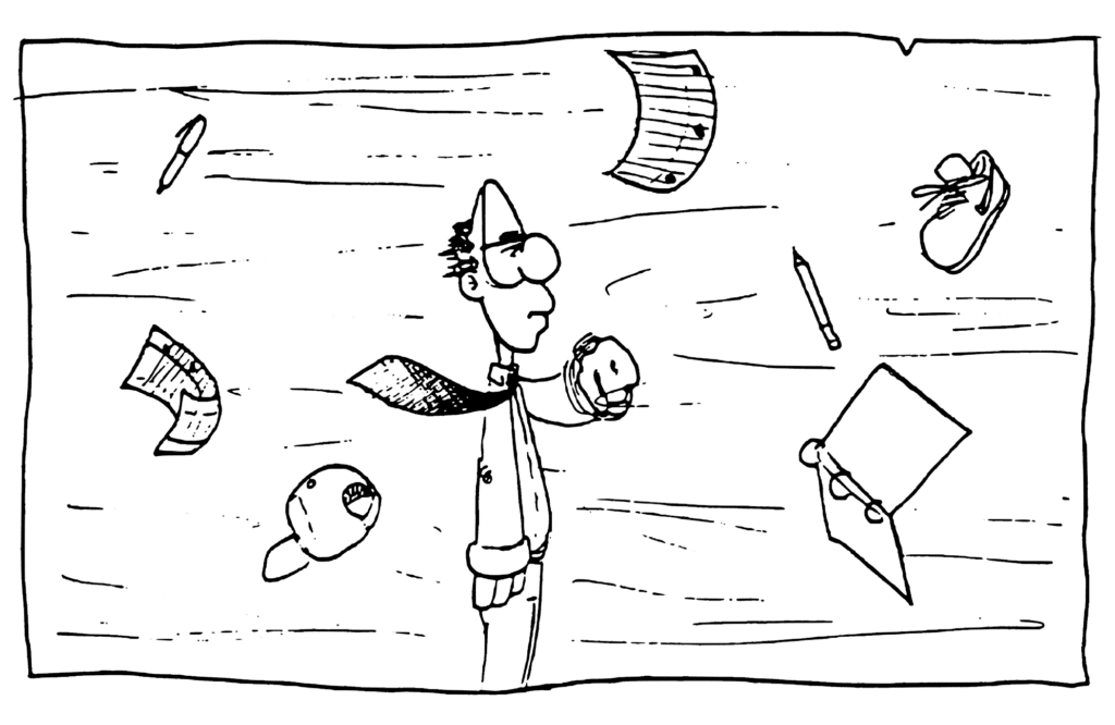 Shoes, pencils, papers fly everywhere.