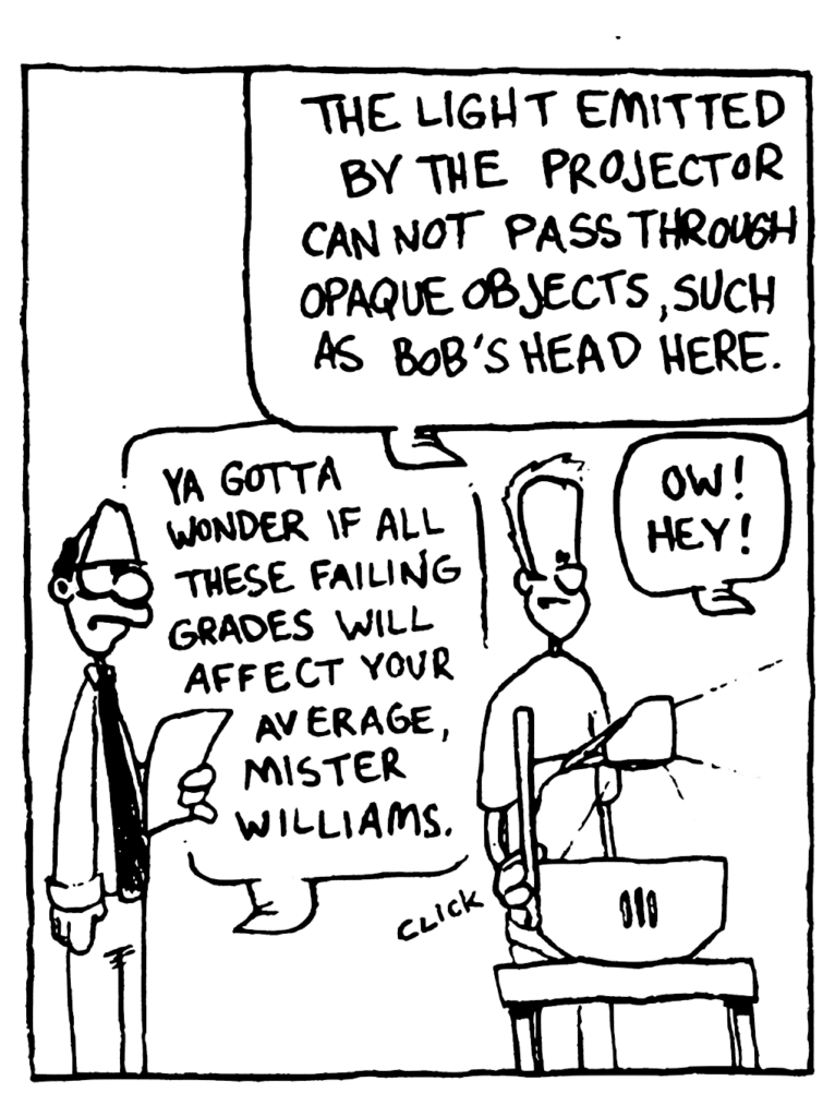 JOHNNY: The light emitted by the projector cannot pass through opaque objects, such as Bob's head here.
BOB: Ow! Hey!
ENGLISH TEACHER: Ya gotta wonder if all these failing grades will affect your average, Mister Williams.