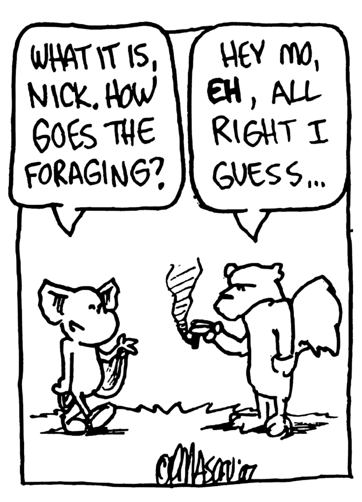 MO: What it is, Nick. How goes the foraging?
NICK: Hey Mo, EH, all right I guess...