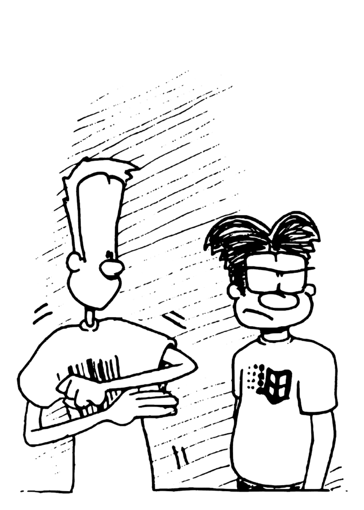 Johnny looks at William's t-shirt with a Windows logo on it.