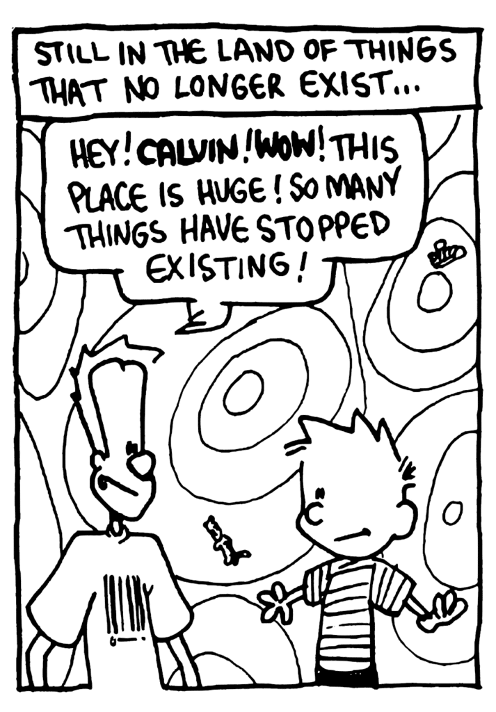 NARRATOR: Still in the Land of Things That No Longer Exist...
JOHNNY: Hey! CALVIN! WOW! This place is huge! So many things have stopped existing!