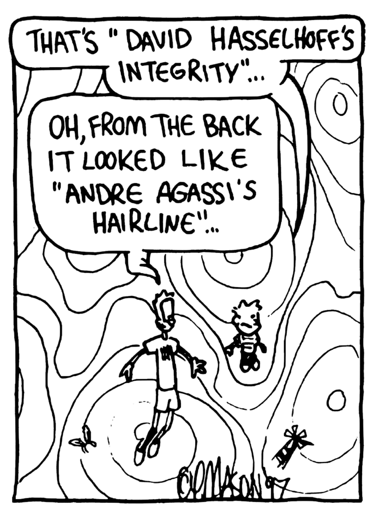 CALVIN: That's "David Hasselhoff's Integrity"...
JOHNNY: Oh, from the back it looked like "Andre Agassi's Hairline"...