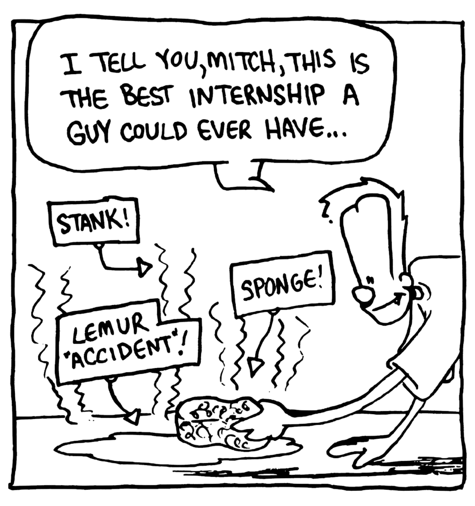 JOHNNY: I tell you, Mitch, this is the best internship a guy could ever have...
LABEL: Stank!
LABEL: Sponge!
LABEL: Lemur "accident"!
