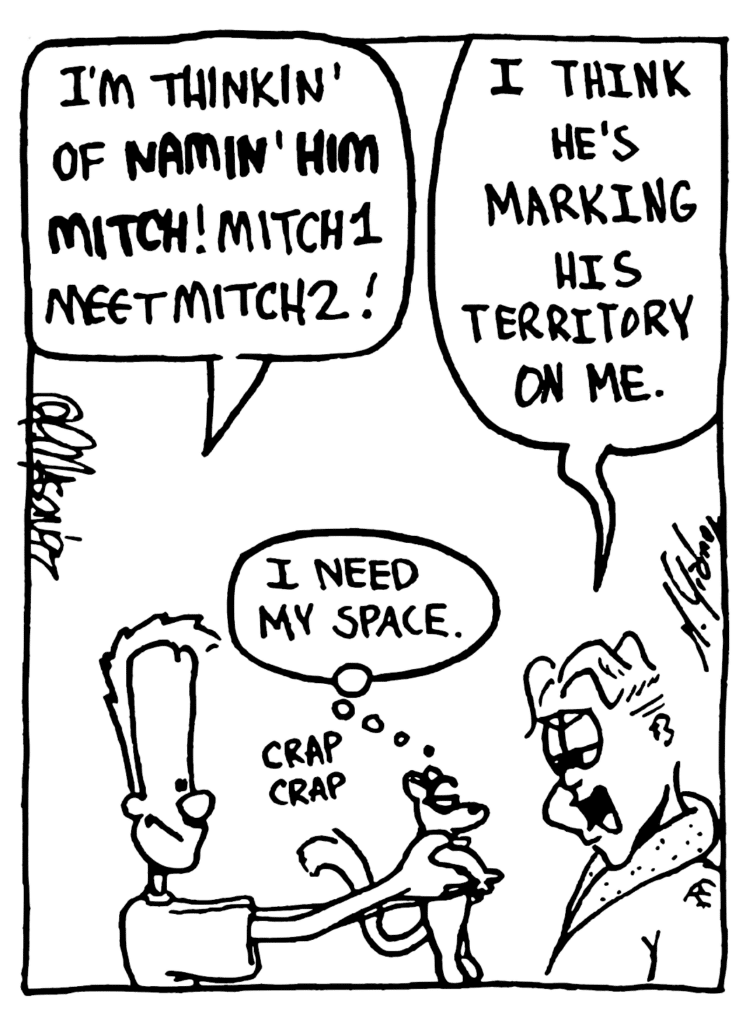 JOHNNY: I'm thinkin' of NAMIN' HIM MITCH! Mitch 1 meet Mitch 2!
MITCH: I think he's marking his territory on me.
LEMUR: I need my space.
SOUND: crap crap