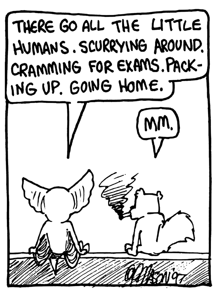 MO: There go all the little humans. Scurrying around. Cramming for exams. Packing up. Going home.
NICK: Mm.