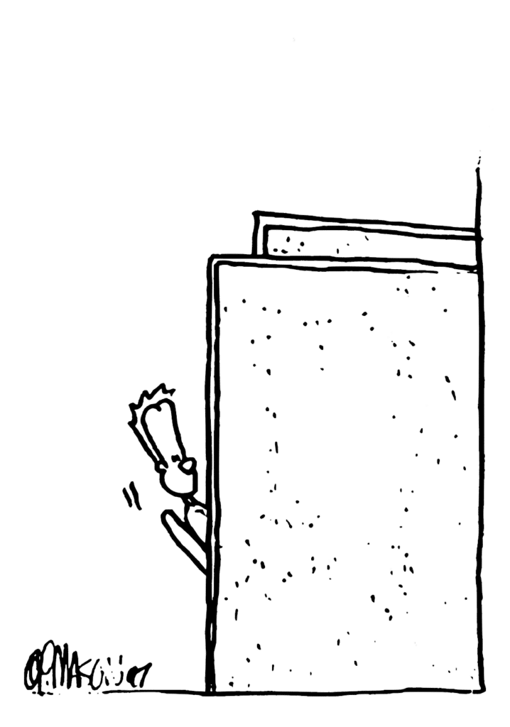 Johnny peeks out of his cubicle.