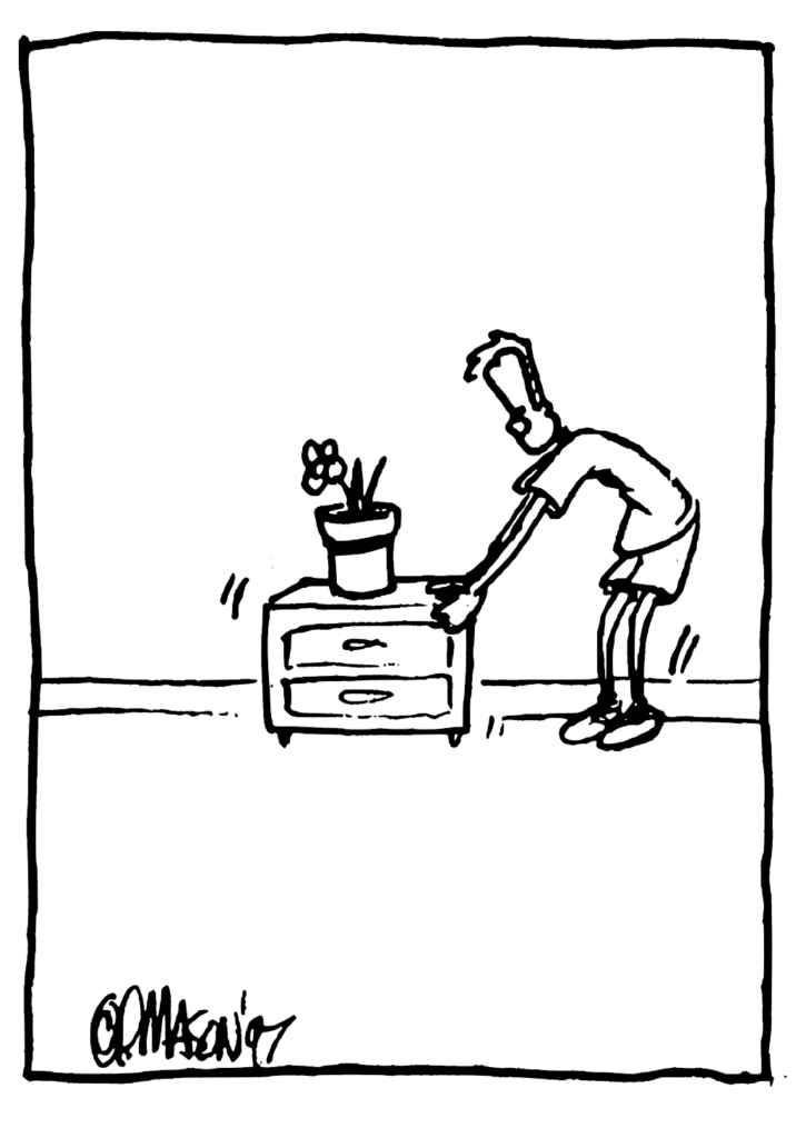 Johnny moves a table slightly.