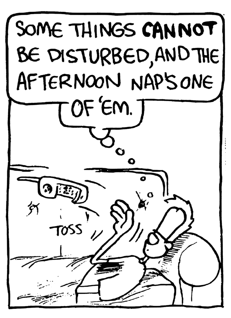 JOHNNY: Some things CANNOT be disturbed, and the afternoon nap's one of 'em.
SOUND: toss