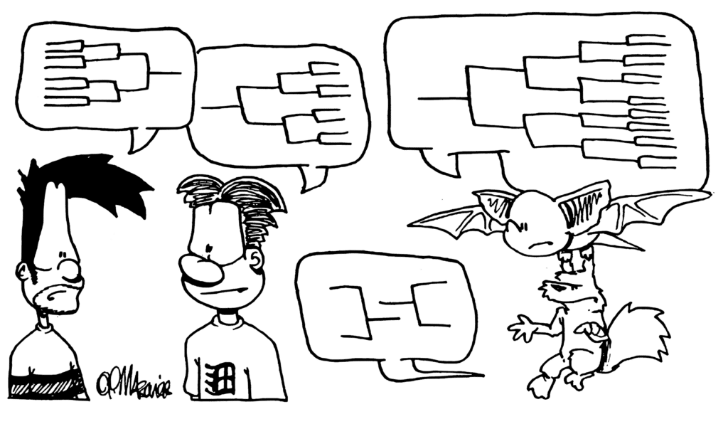 (Everyone is talking in speech balloons full of tournament brackets.)