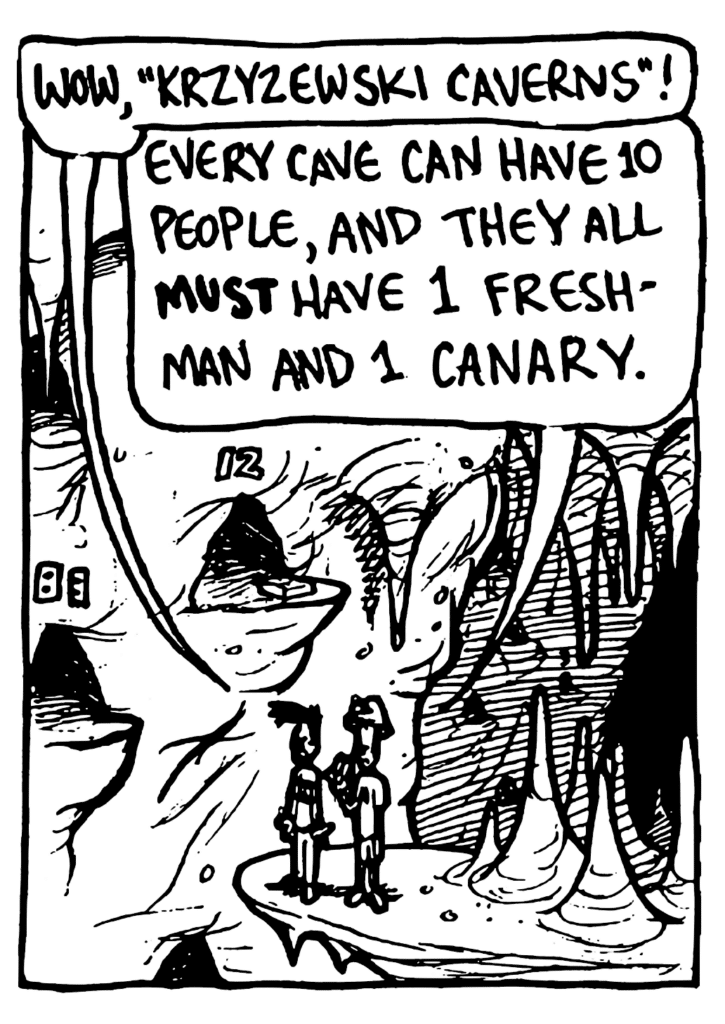 BEN: Wow, "Krzyzewski Caverns"!
JOHNNY: Every cave can have 10 people, and they all MUST have 1 freshman and 1 canary.